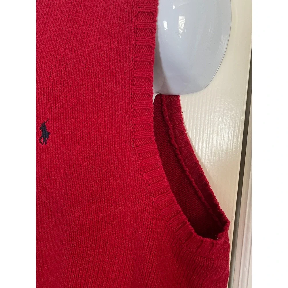 Polo Ralph Lauren Mens XL Red V-Neck 100% Cotton Knit Sweater Vest Navy Pony